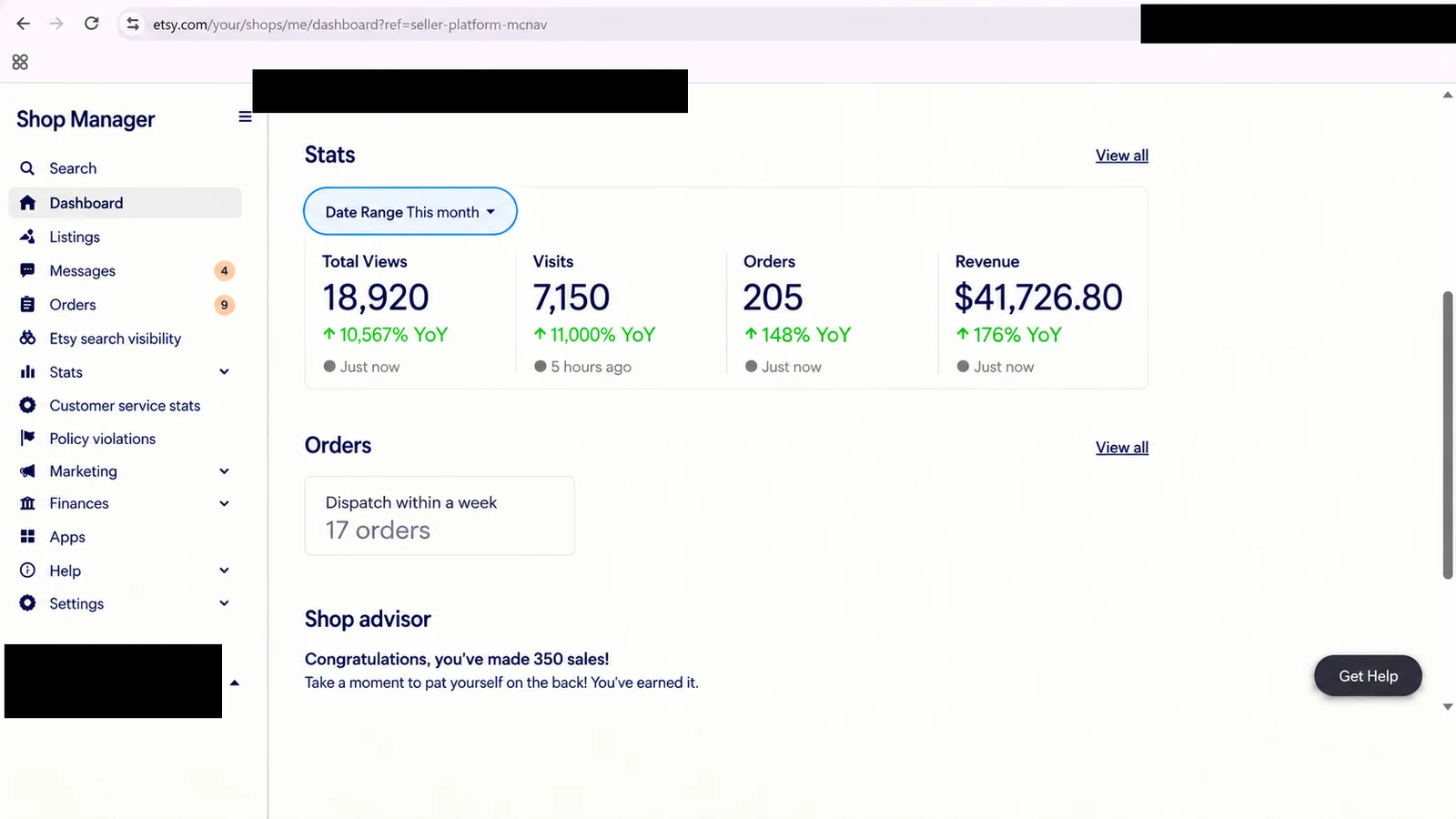 Etsy store dashboard 1 — identity redacted