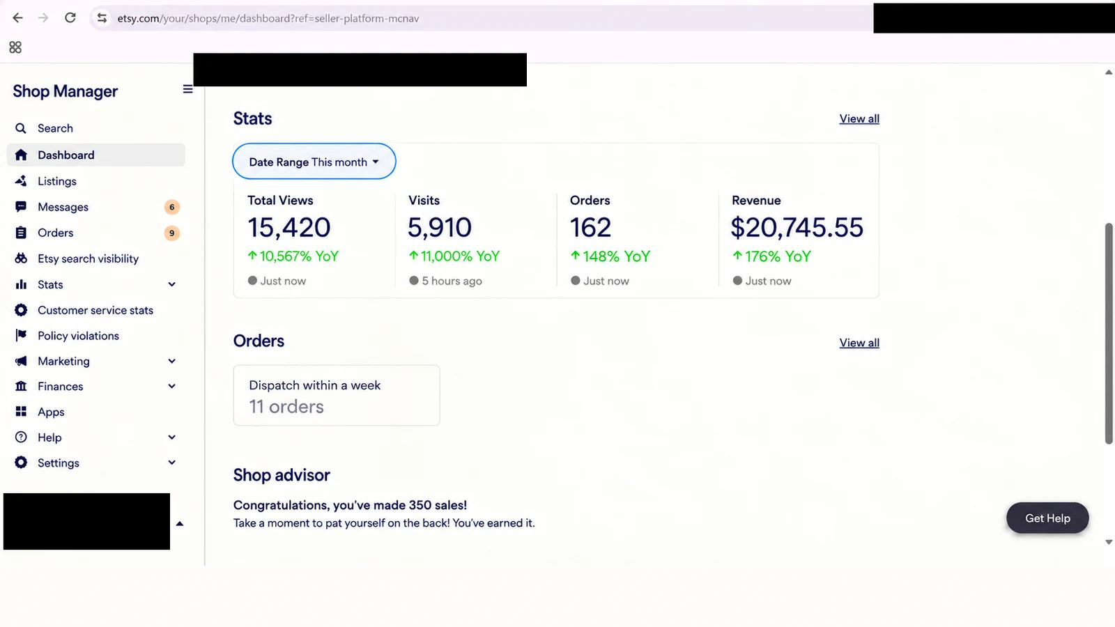 Etsy store dashboard 4 — identity redacted