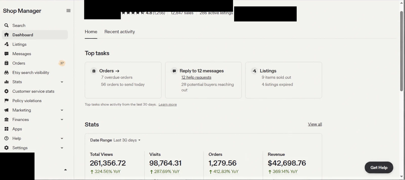 Etsy store dashboard 10 — identity redacted
