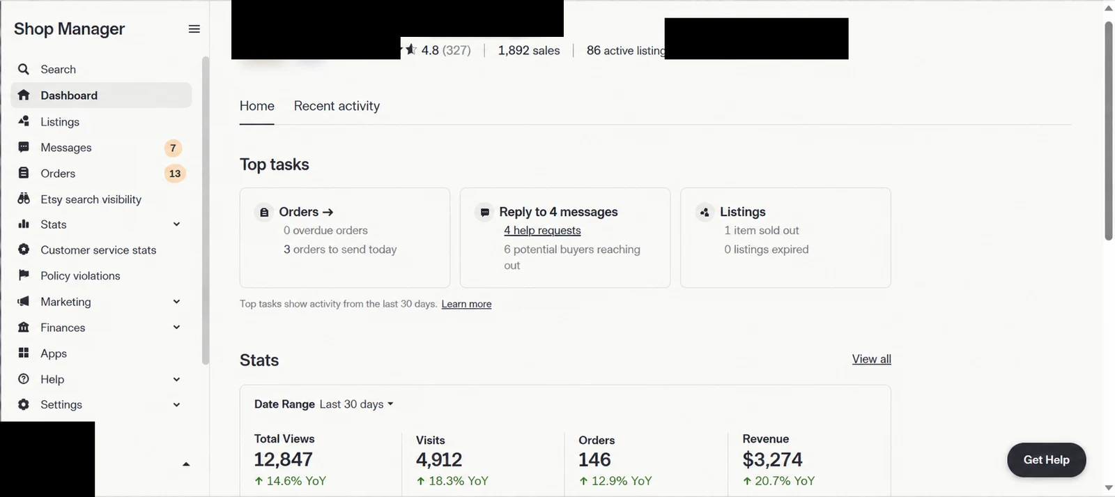Etsy store dashboard 12 — identity redacted