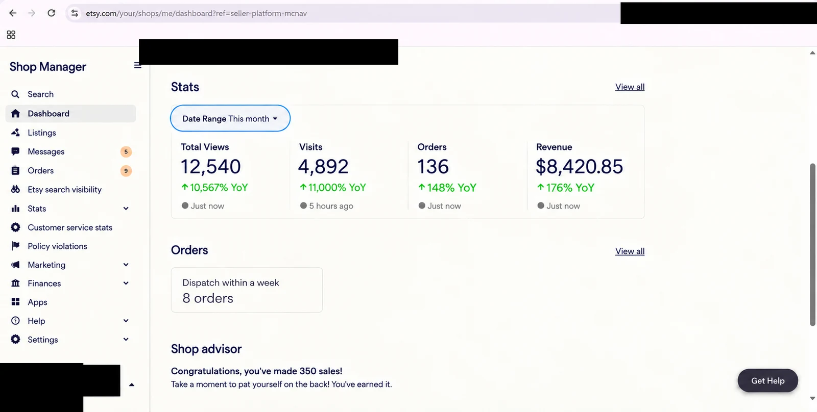 Etsy store dashboard 18 — identity redacted